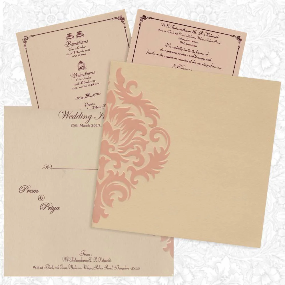 Alluring Floral Theme With Cream Shaded Padded Wedding Card - KNK1294