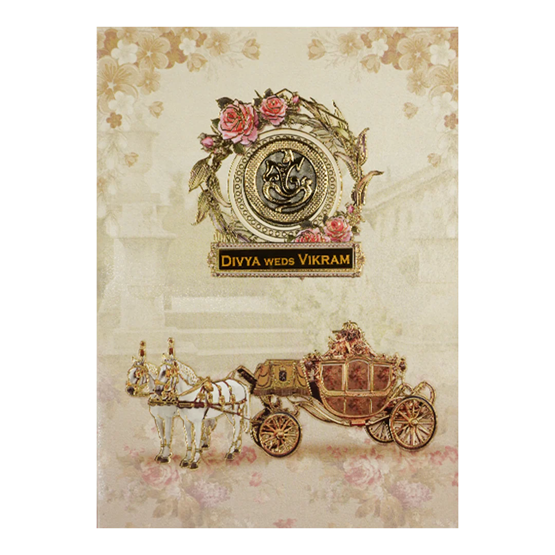 Beige Ganesha Floral Padded Cart Wedding  Card - KNPO9535C - Image 3