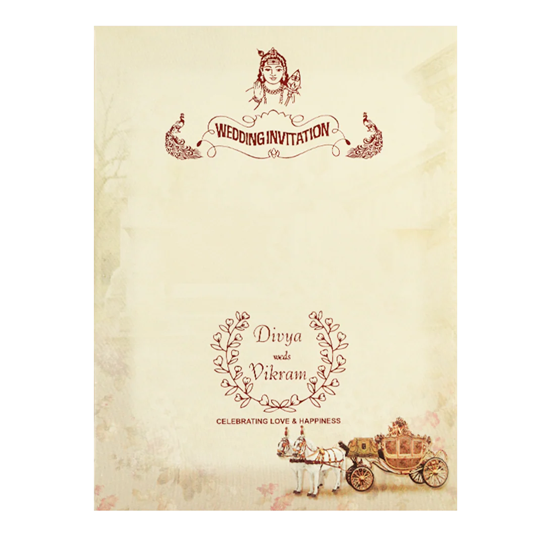 Beige Ganesha Floral Padded Cart Wedding  Card - KNPO9535C - Image 4