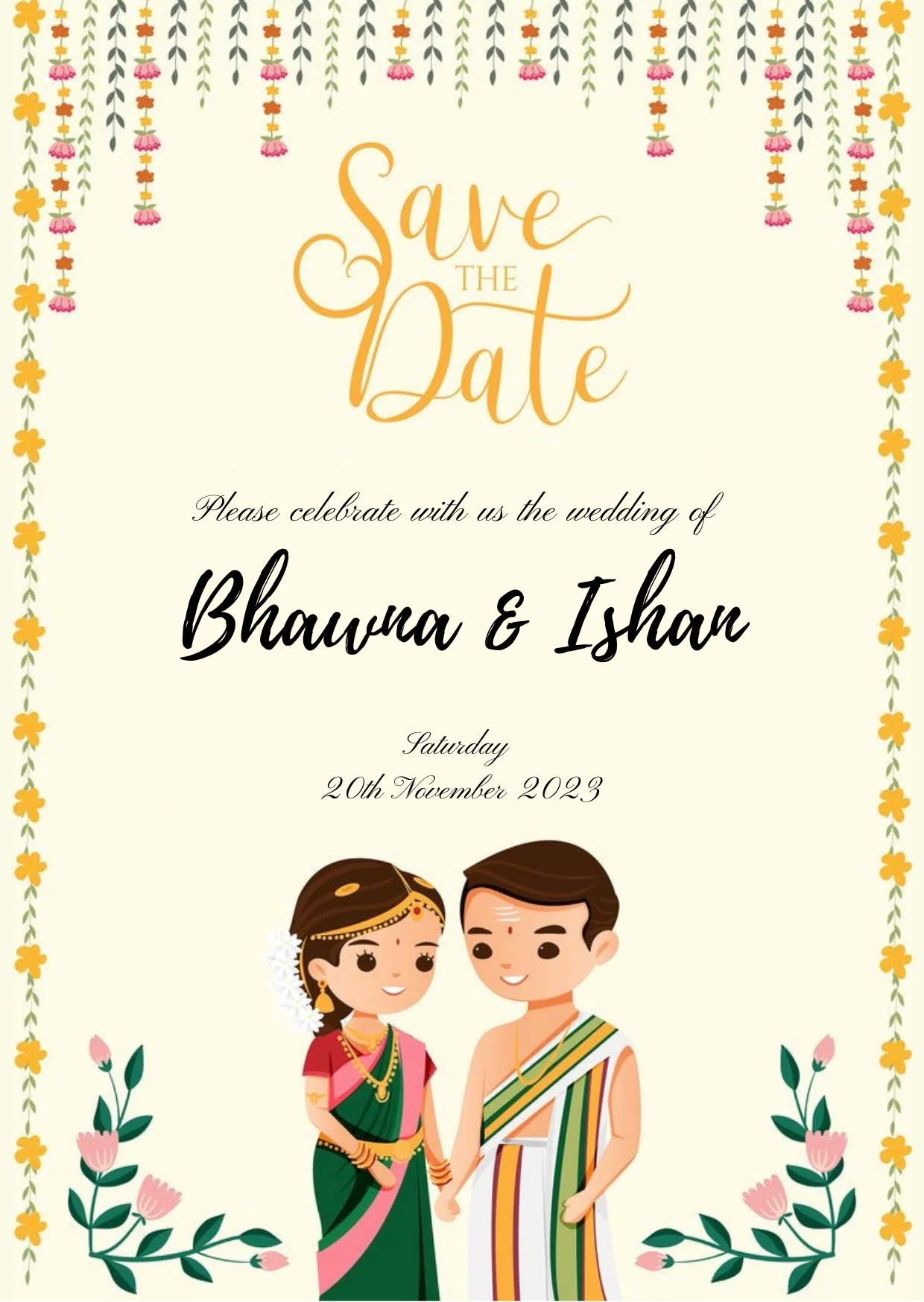 Beige Cute Couple South Indian Wedding Invitation-AASIW002