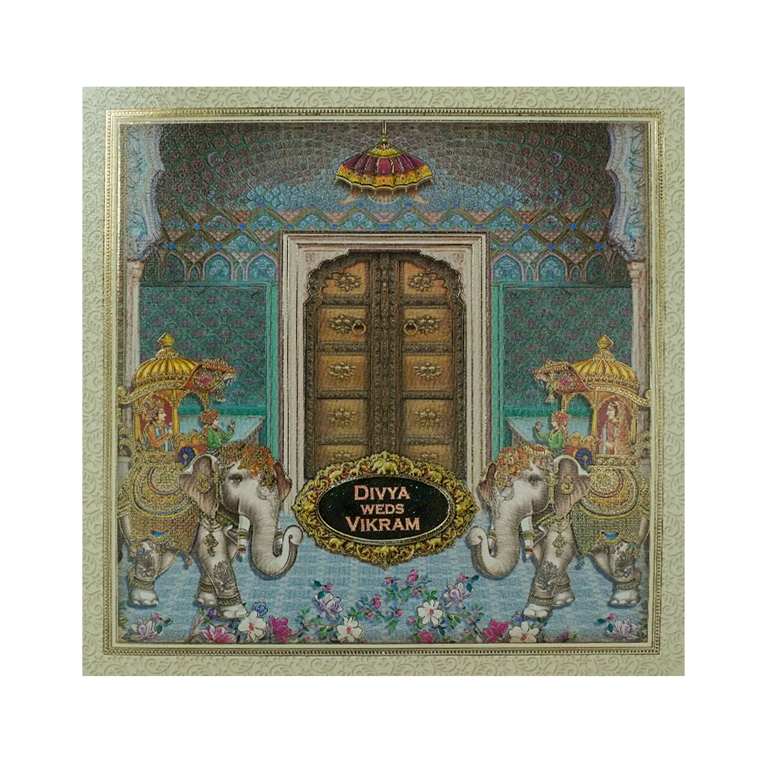 Blue Royal Floral Palace Wedding Card-KNKD8109 - Image 3
