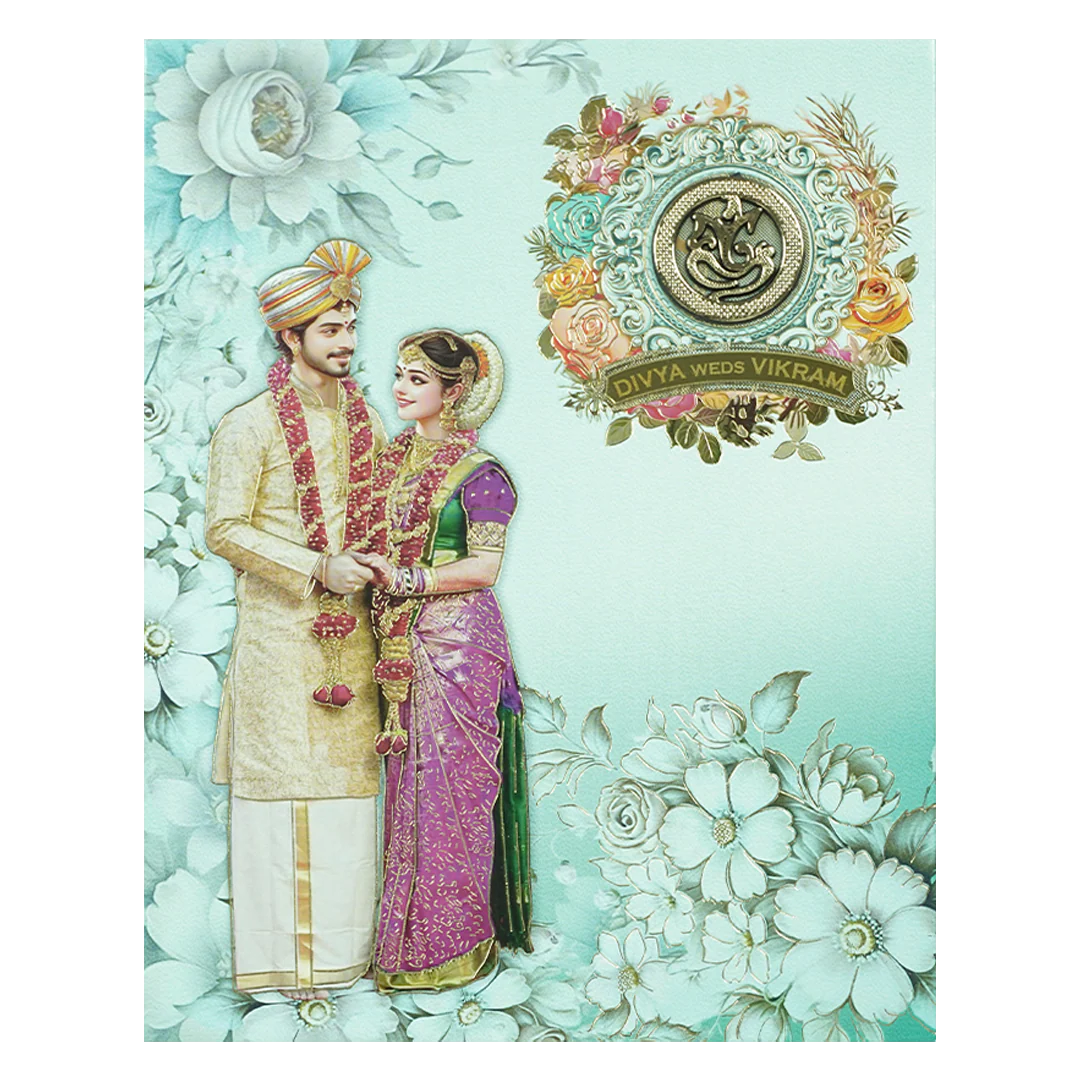 Blue Floral Couple Padded Wedding Card-KNMO9314 - Image 3