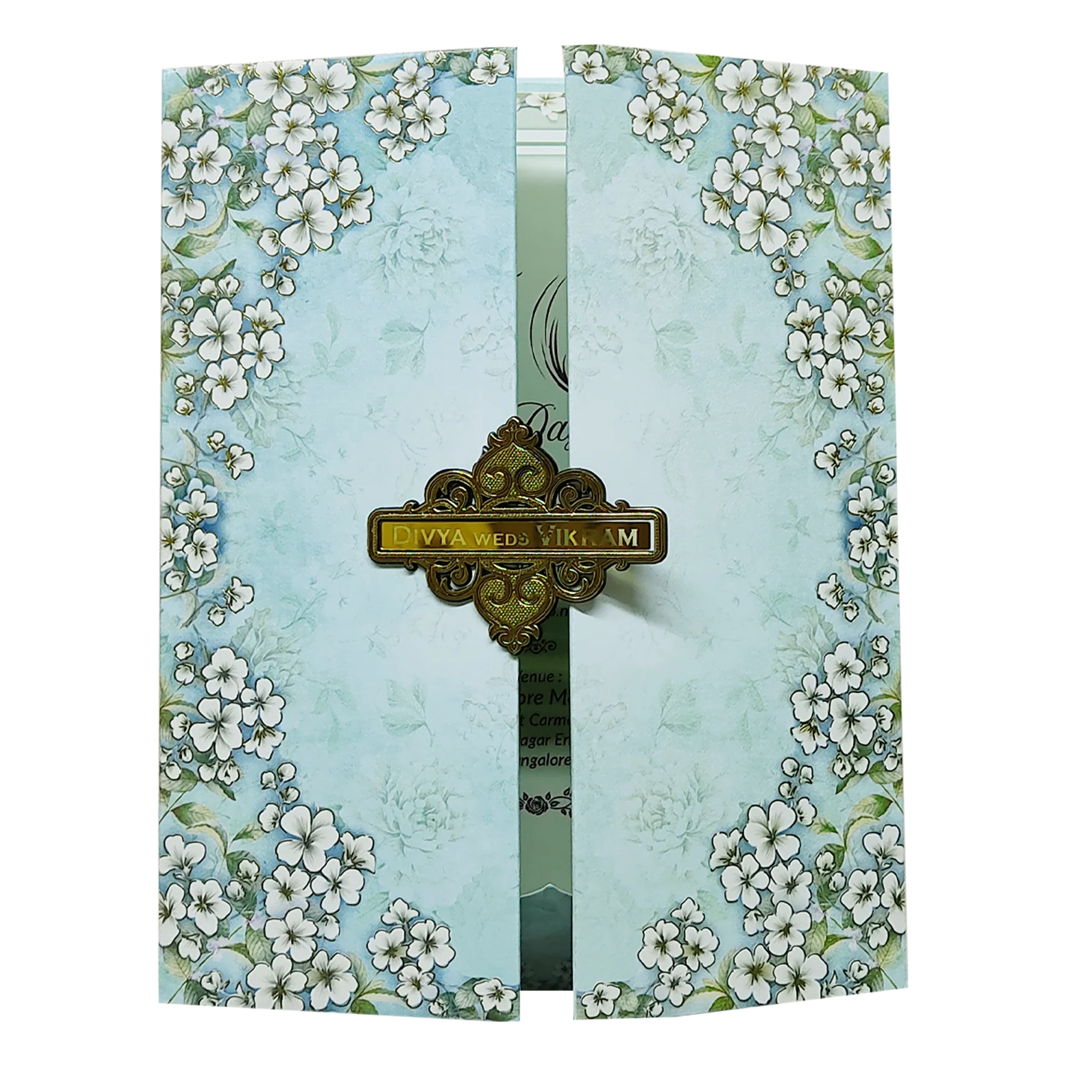 Blue Floral Door Padded Wedding Card-KNMO9303 - Image 3