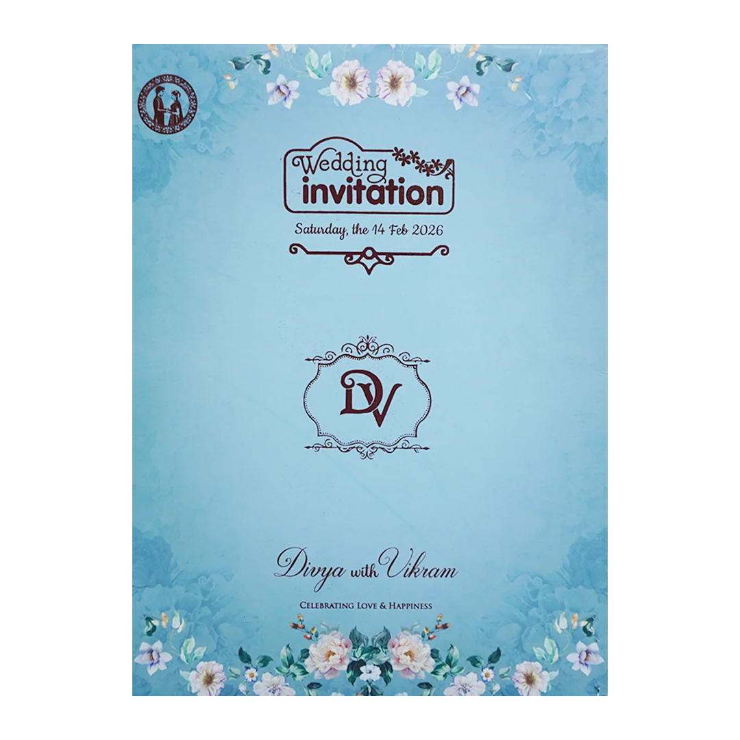 Blue Floral Ganesha Double Door Wedding Card - KNLY6103 - Image 4