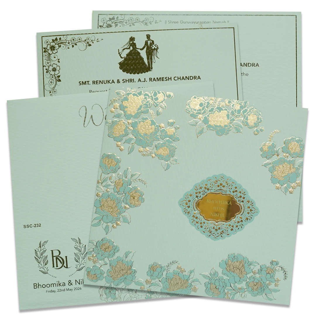 Blue Floral Gold Padded Wedding Card - KSSC2320