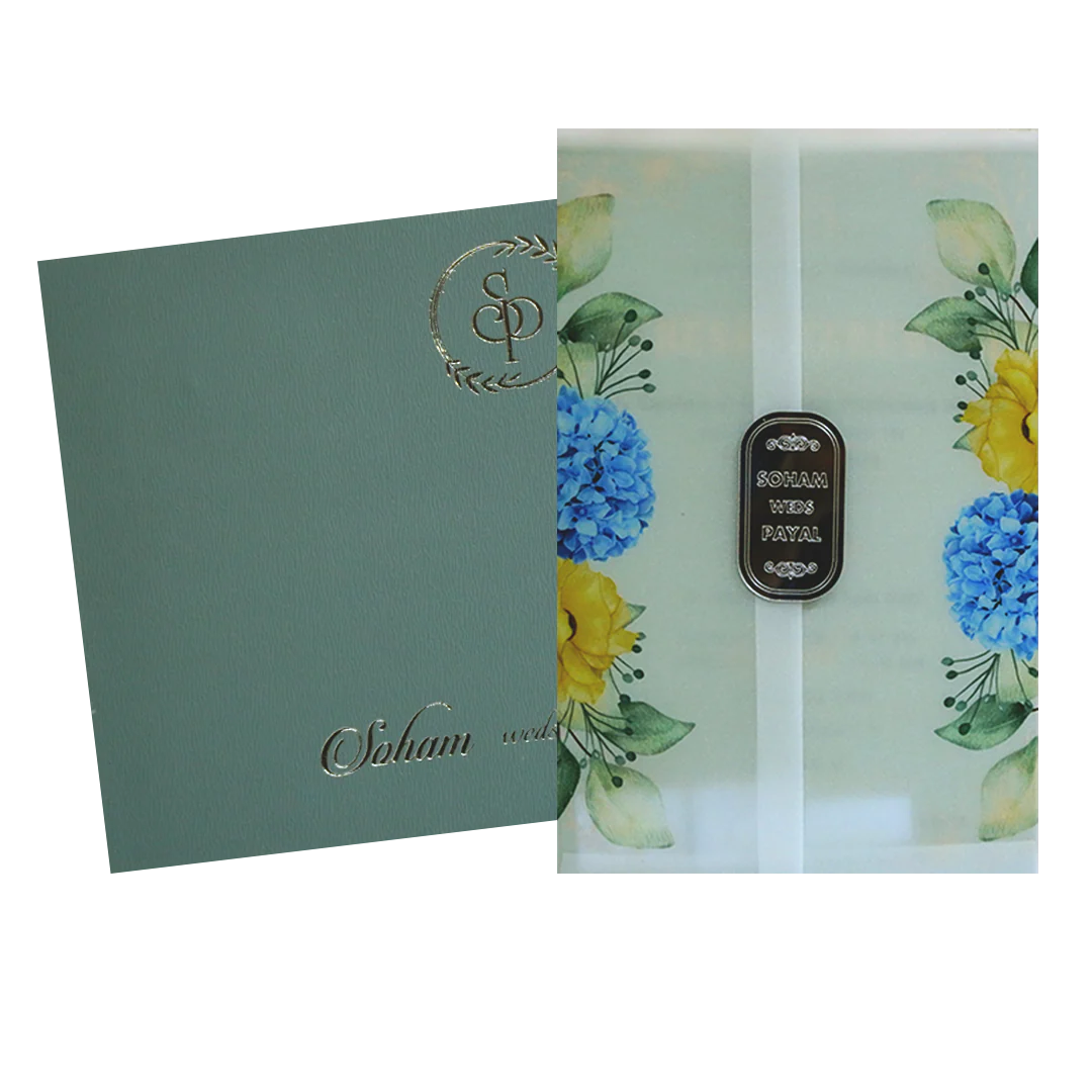 Blue Floral Tracing Nameplate Invitation Card-KRC30190