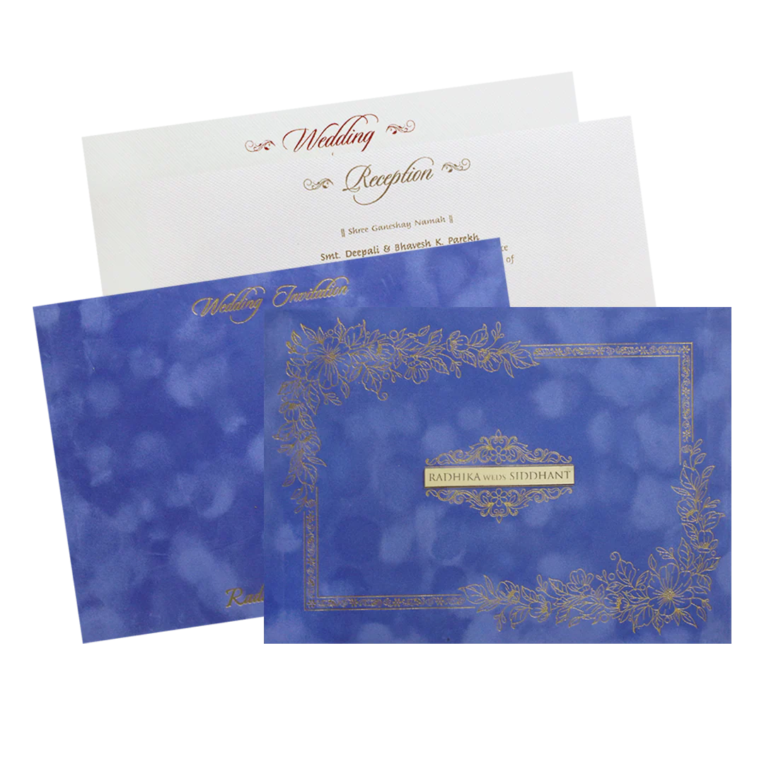 Blue Gold Velvet Floral Padded Classic Wedding Card-KMMWD1132