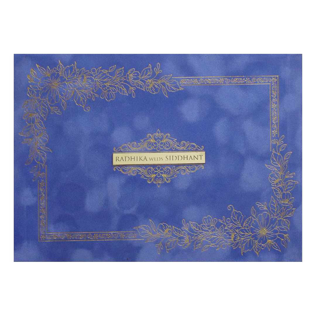 Blue Gold Velvet Floral Padded Classic Wedding Card-KMMWD1132 - Image 3