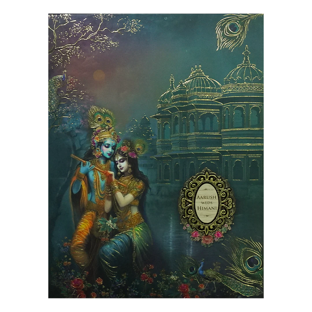 Blue Krishna Radha Padded Wedding Card-KSH72390 - Image 3