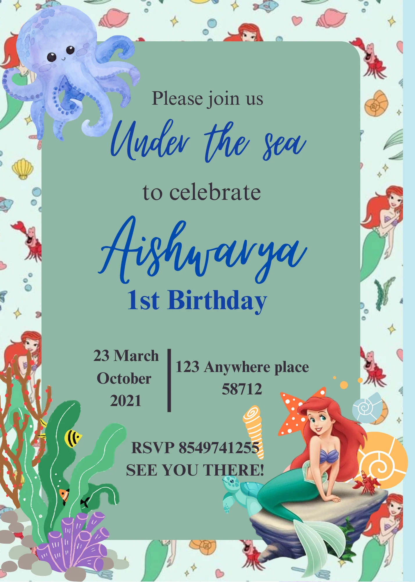 Blue Mermaid Kids Birthday Invitation-AAKBI008