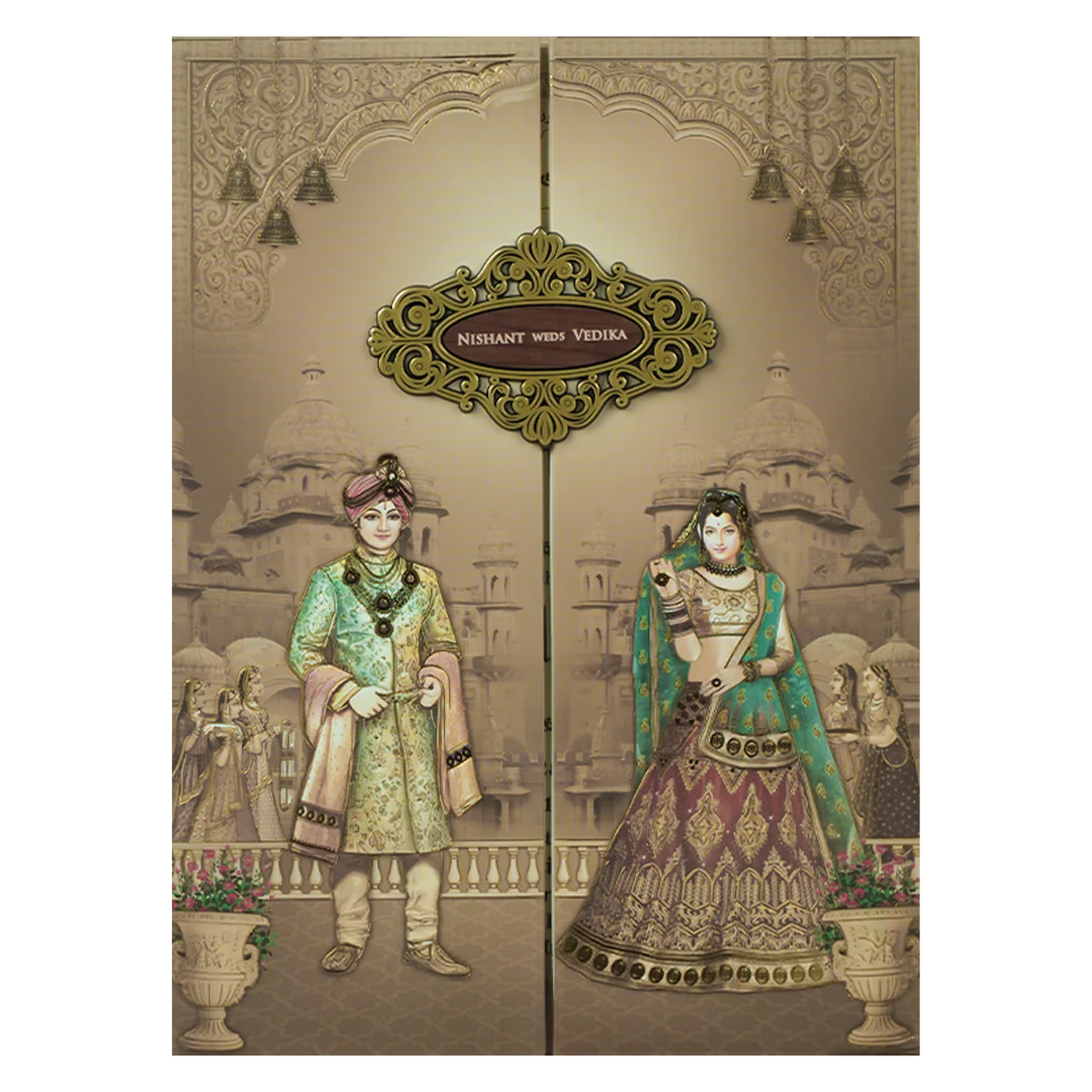 Brown Palace Royal Couple Padded Wedding Card-KRE27900 - Image 3