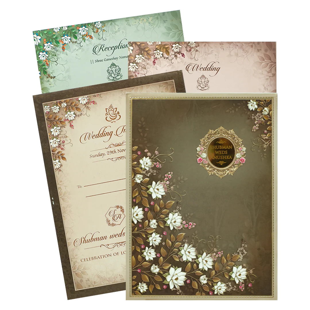 Brown White Lotus Padded Wedding Card-KRB09290