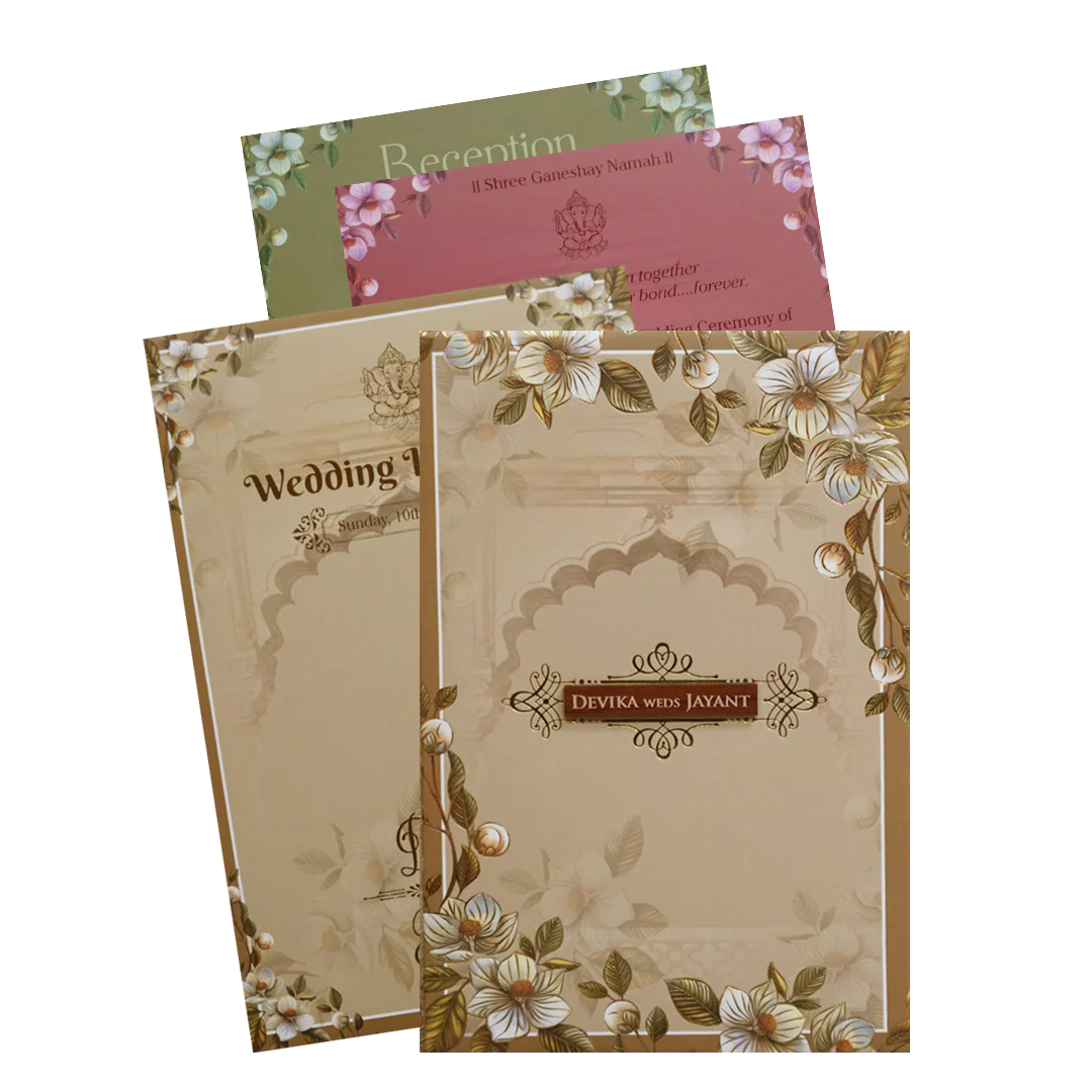 Brownish Cream Padded Floral Arch Wedding Card- KVN07390