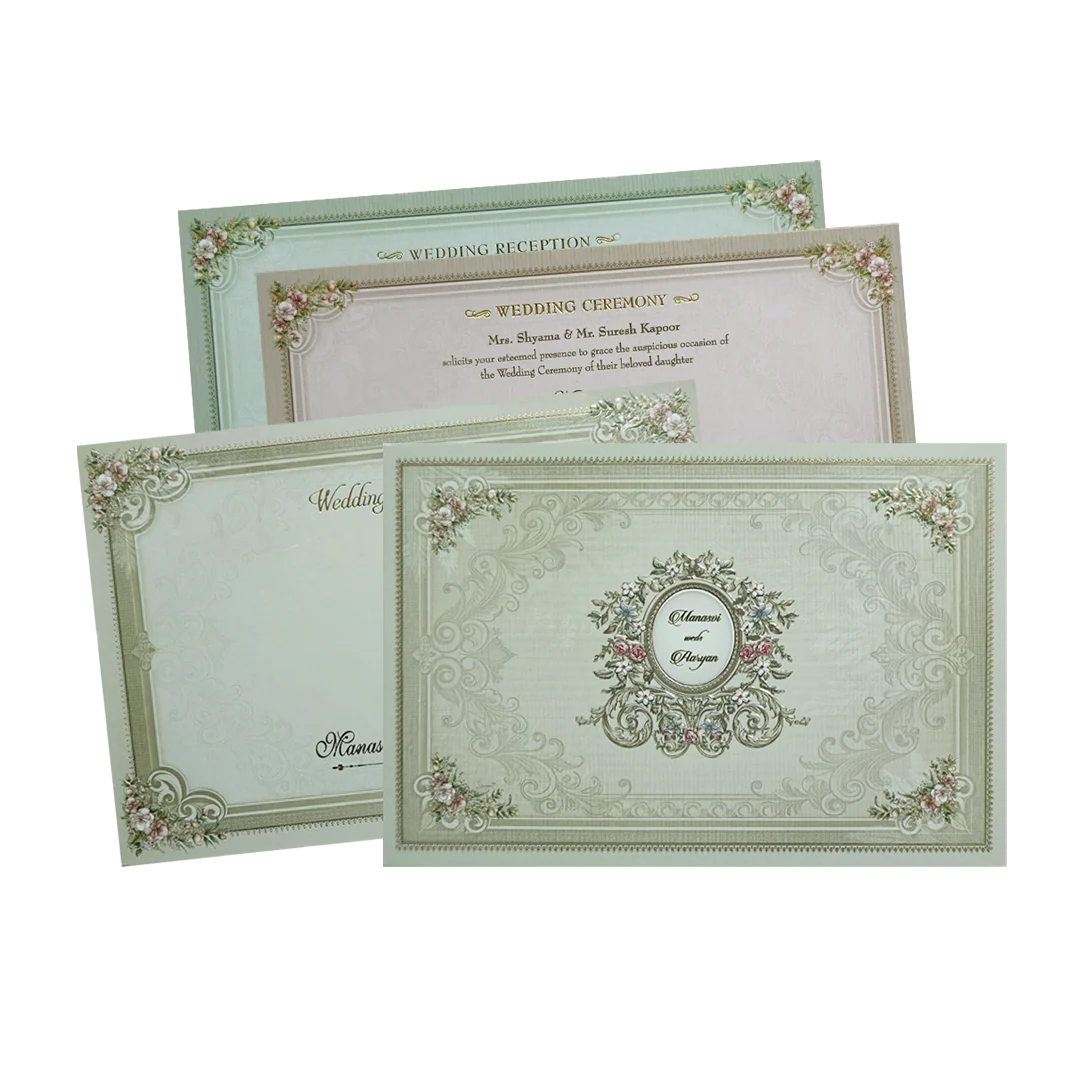 Classic Green Ornate Floral Padded Wedding Card-KMMWD1141