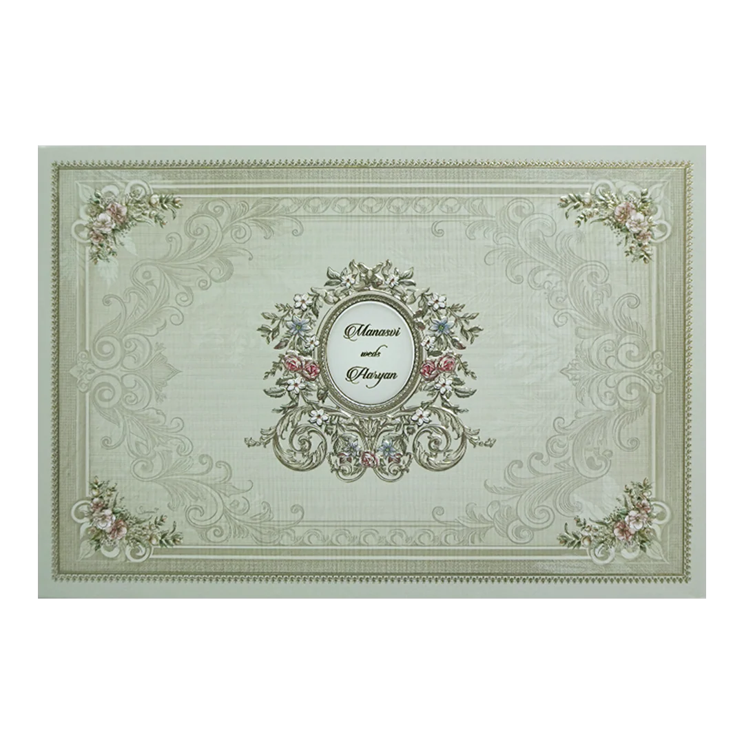 Classic Green Ornate Floral Padded Wedding Card-KMMWD1141 - Image 3