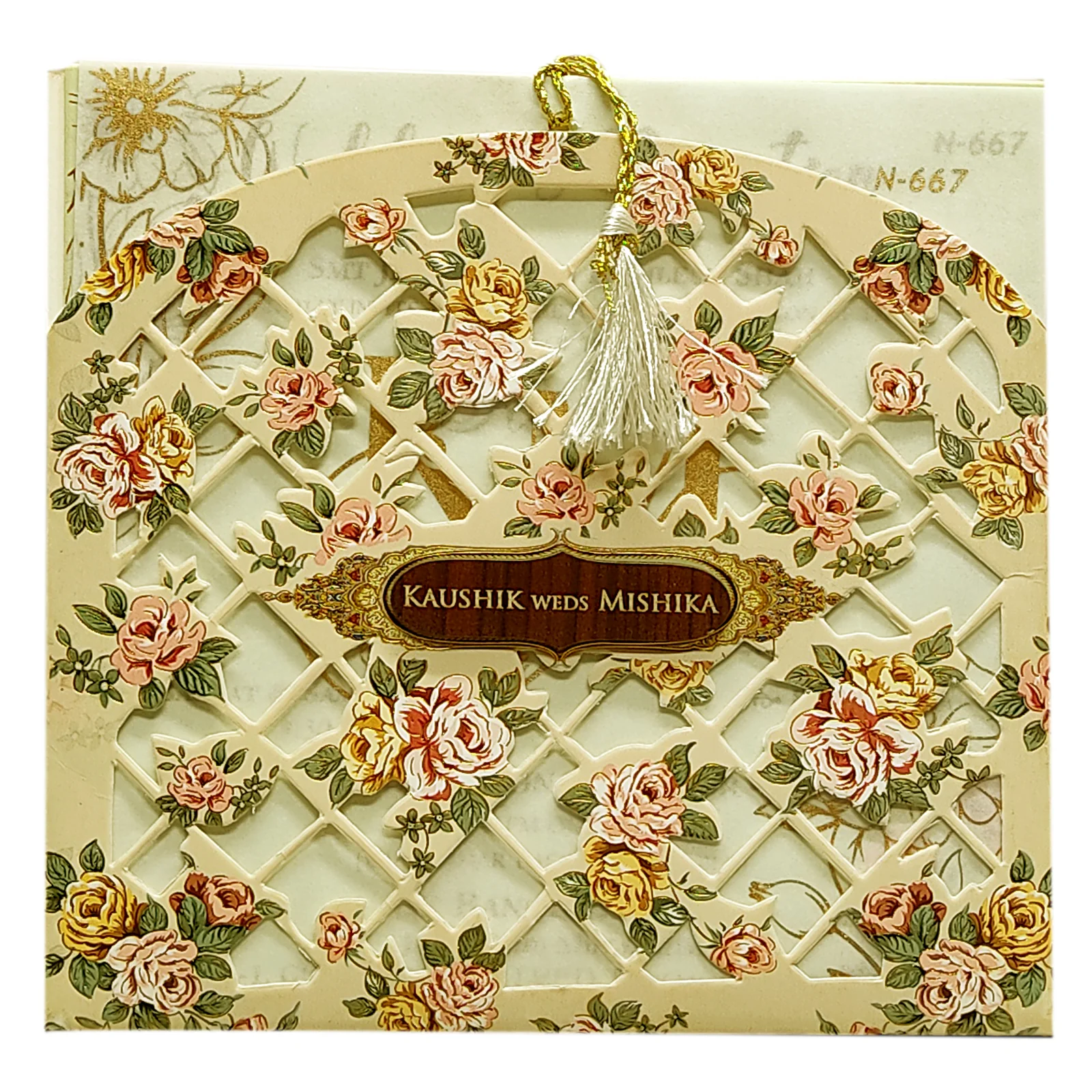 Cream Beige Tracing Sheet Wedding Card-KVN06670 - Image 3