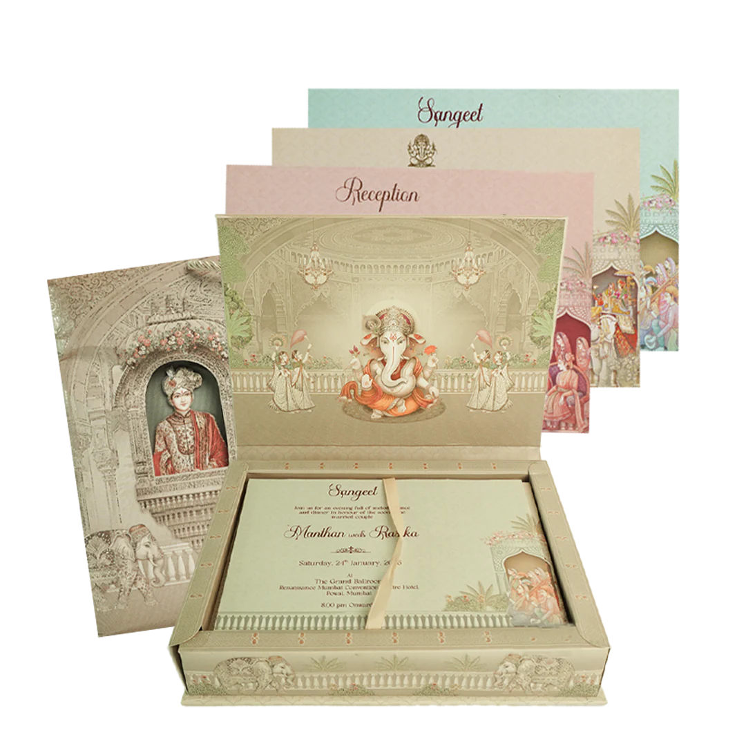 Cream Bride Groom Palace Wedding Invitation Box - KSI63960