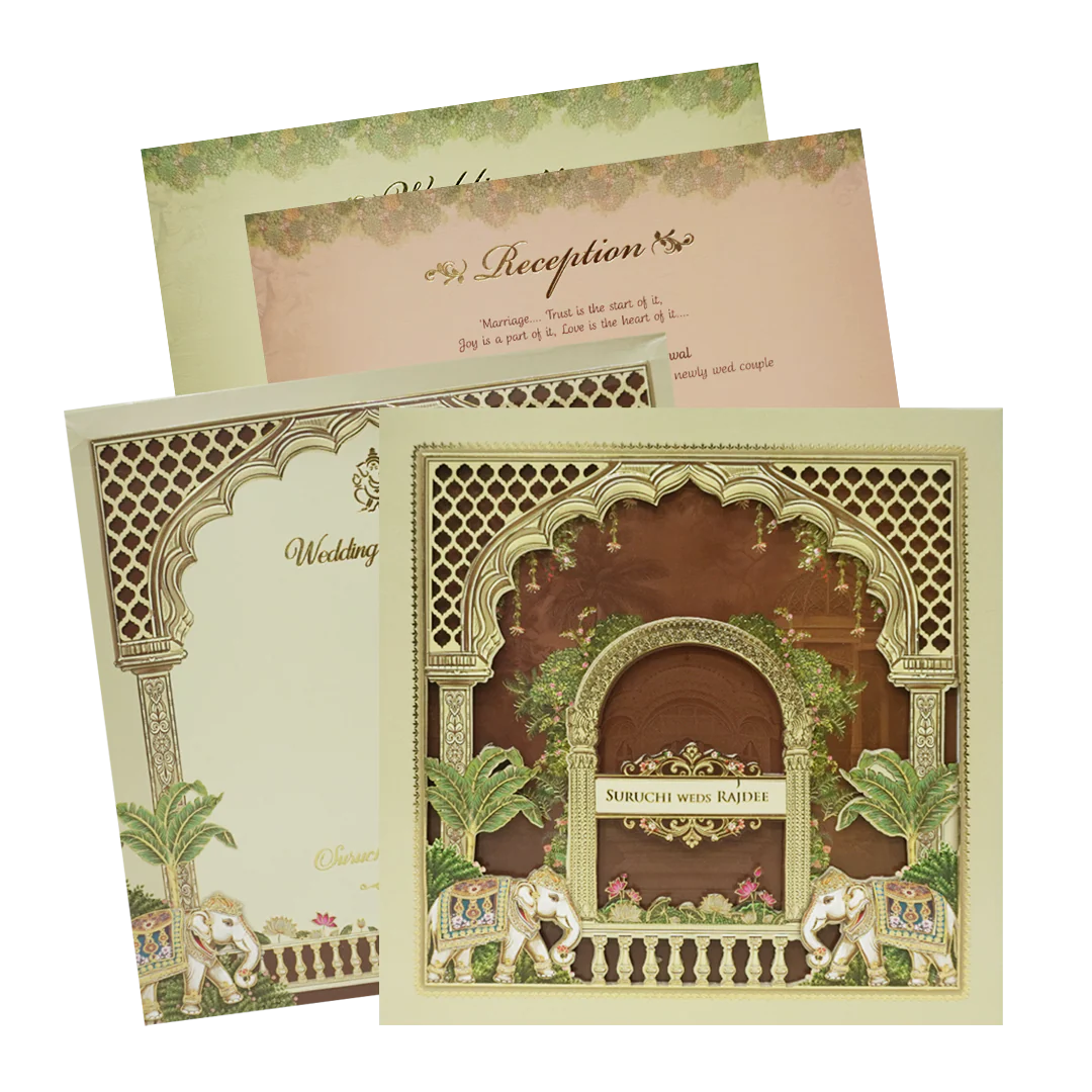Cream Brown Laser Cut Padded Royal Elephant Arch Wedding Card - KMMEX8050