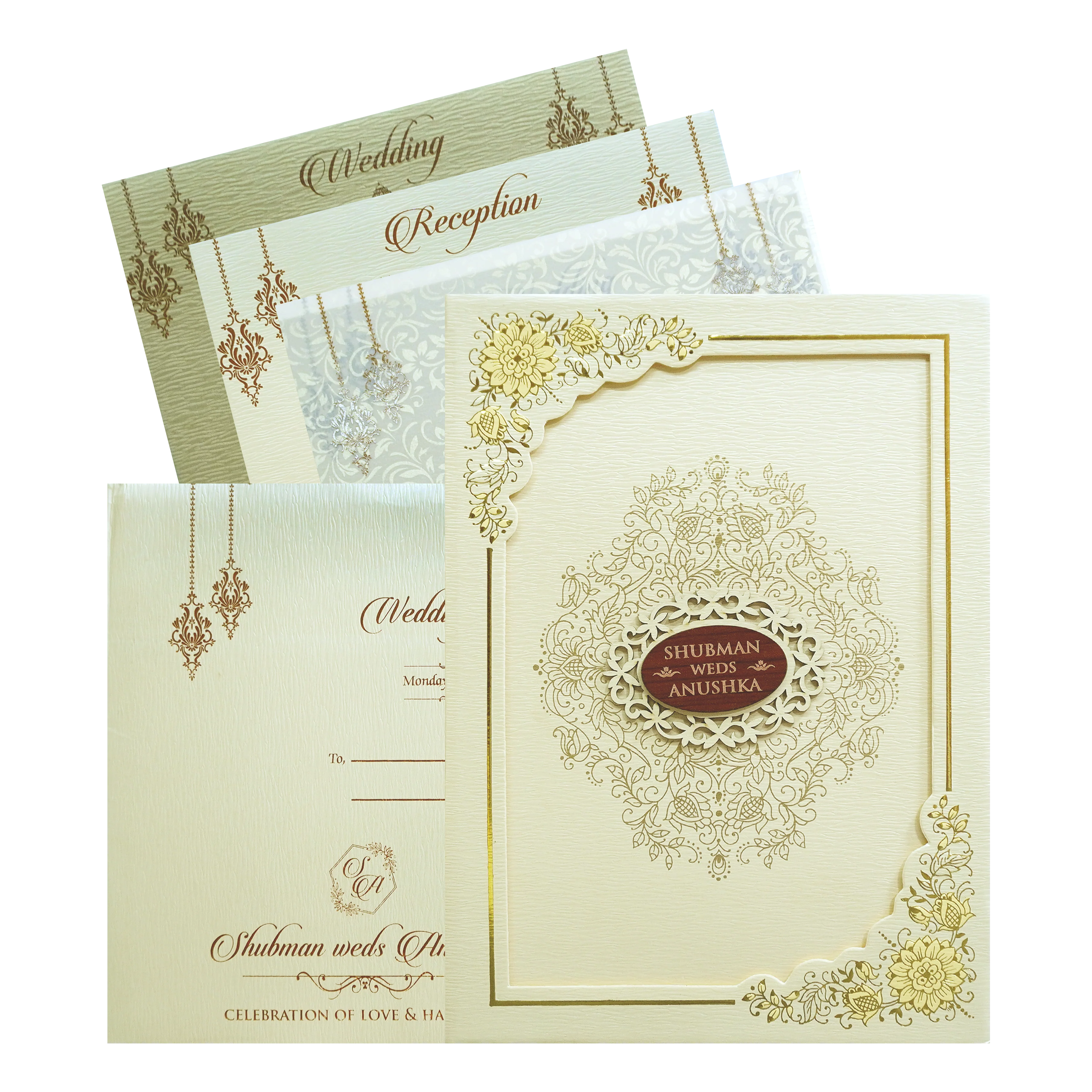 Cream Floral Frame Padded Wedding Card-KRB09671