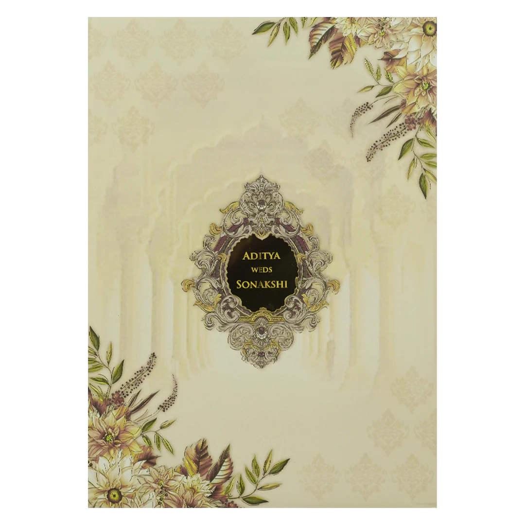 Cream Floral Palace Arch Padded Wedding Card-KRE26540 - Image 3