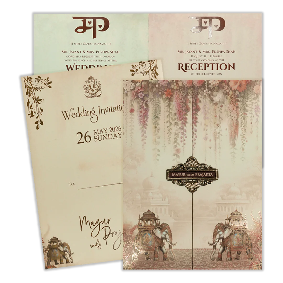 Cream Floral Palace Elephant Wedding Card-KSH73050