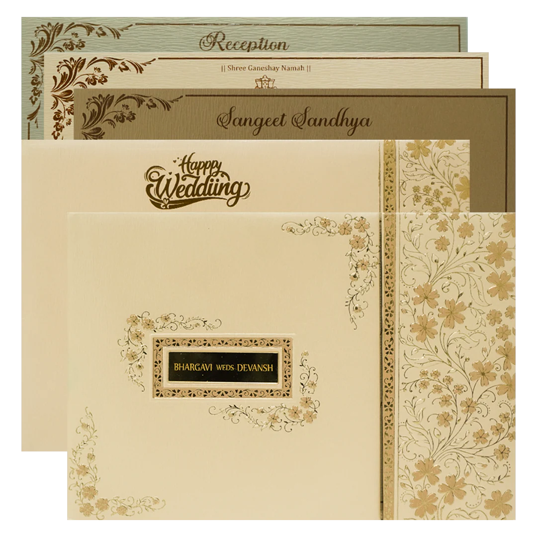 Cream Gold Floral Rectangular Padded Wedding Card-KSSC2390