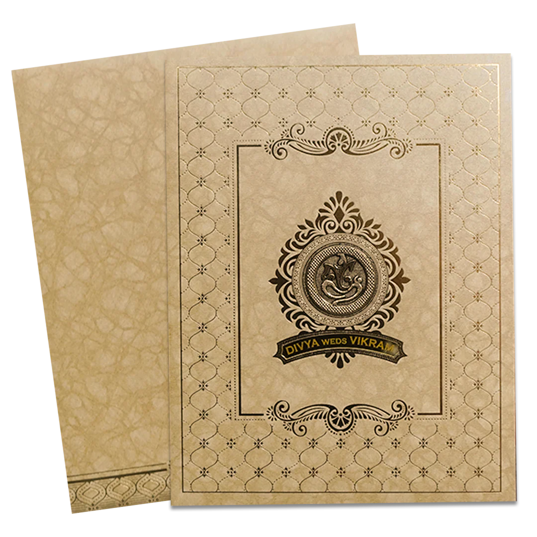 Cream Gold Ganesha Personalized Wedding Card-KNKR5033B - Image 2