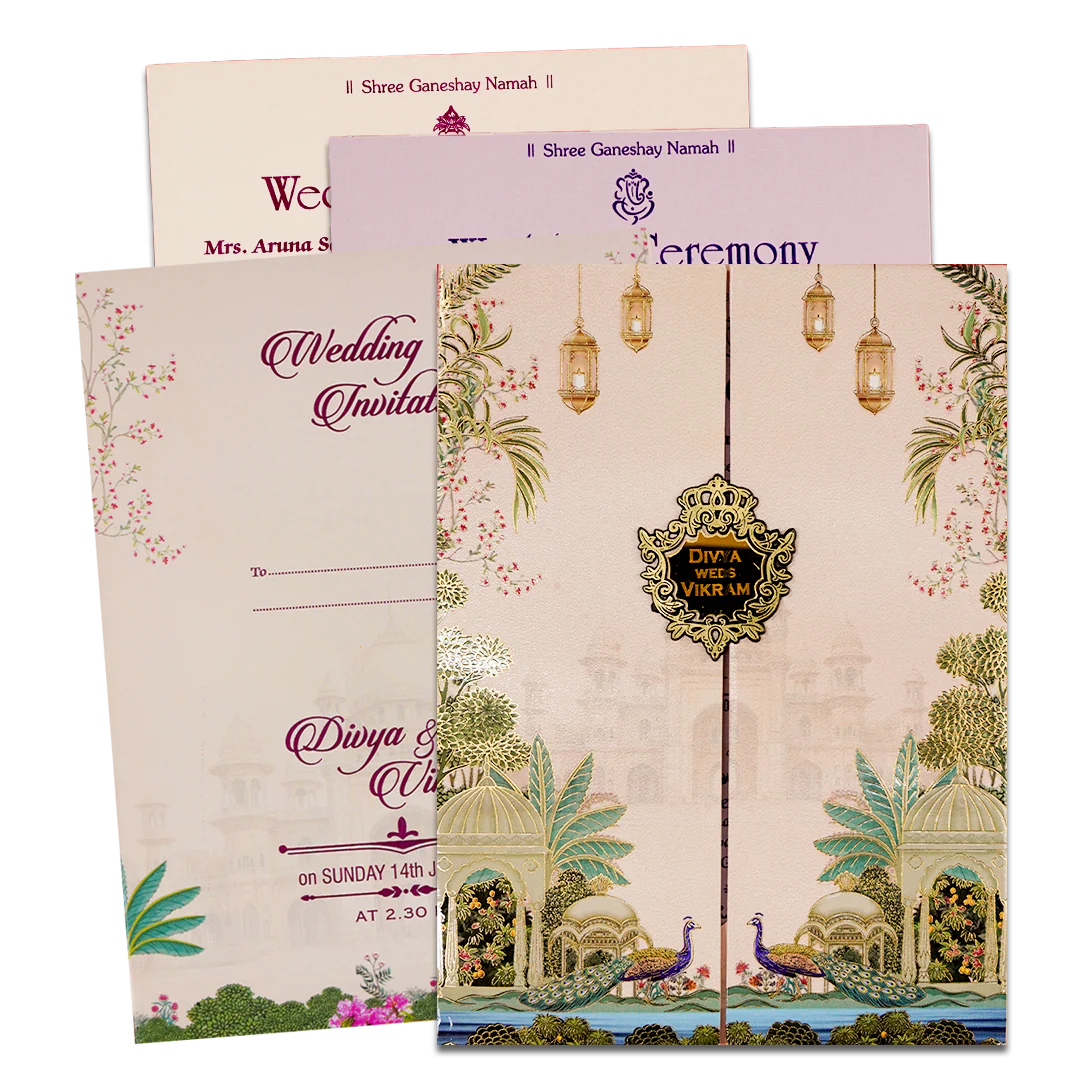 Cream Door-Style Lantern Floral Palace Padded Invitation Card - KNPO9534C