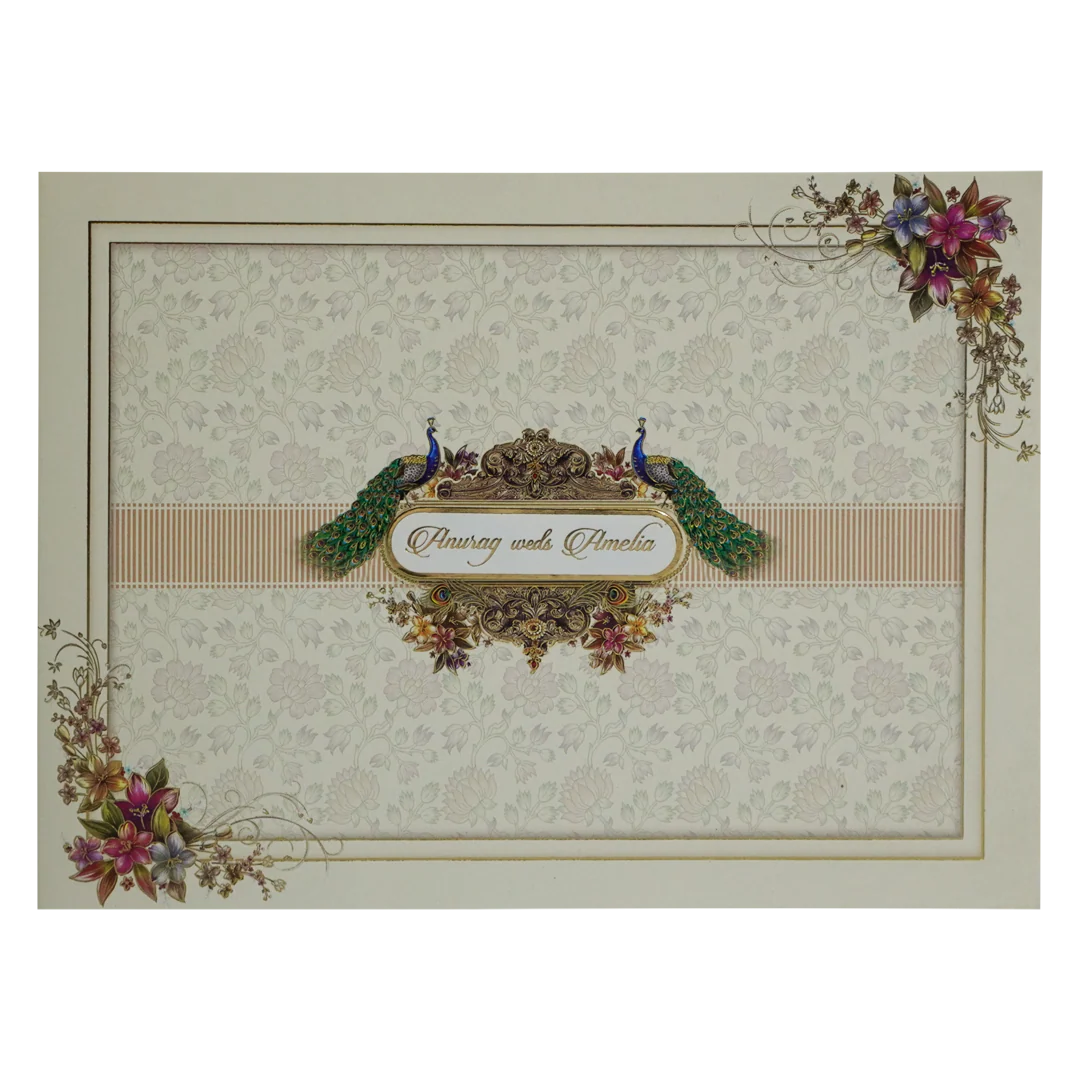 Cream Peacock Floral Invitation Card-KAC05140 - Image 3