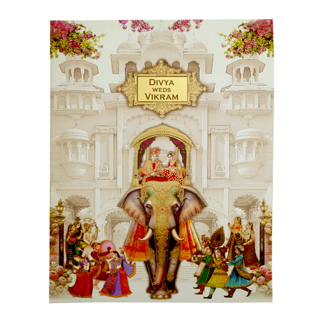 Cream Royal Elephant Nameplate Wedding Card-KNTY6811 - Image 3