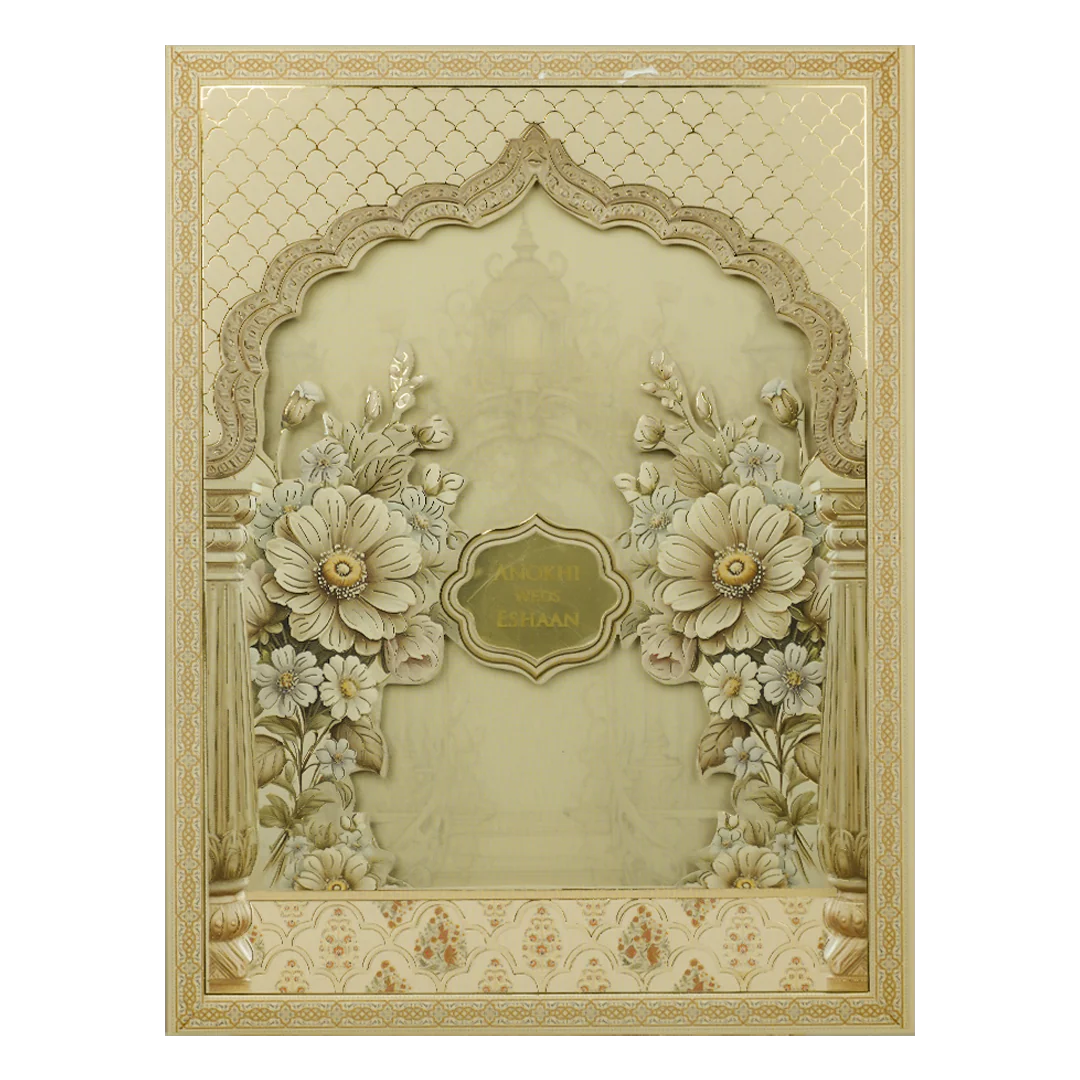 Gold Floral Arch Lasercut Padded Wedding Card-KJTS3683 - Image 3