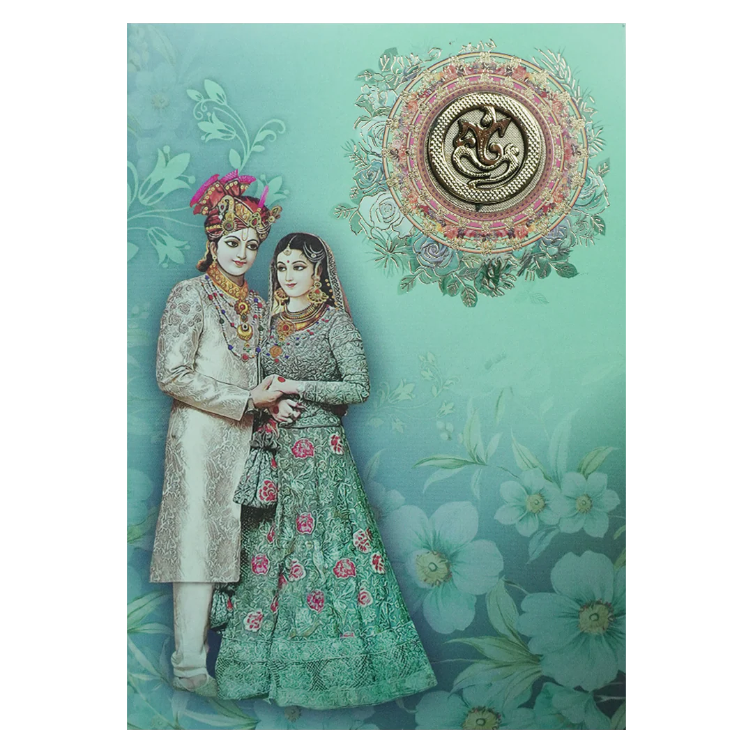 Green Floral Bride Groom Padded Invitation Card-KNEP1601 - Image 3
