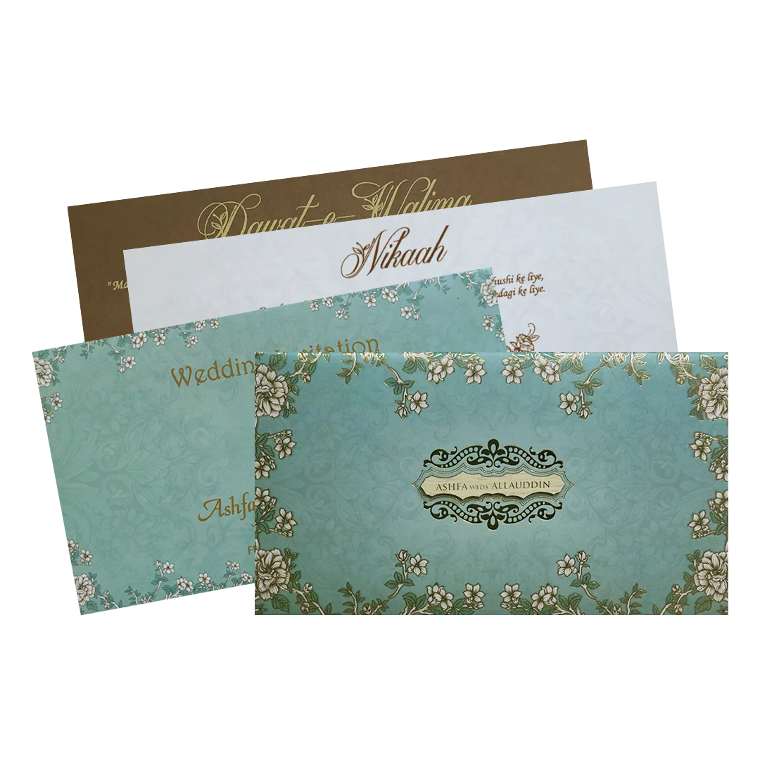 Blue Floral Door Padded Wedding Card-KVN07460