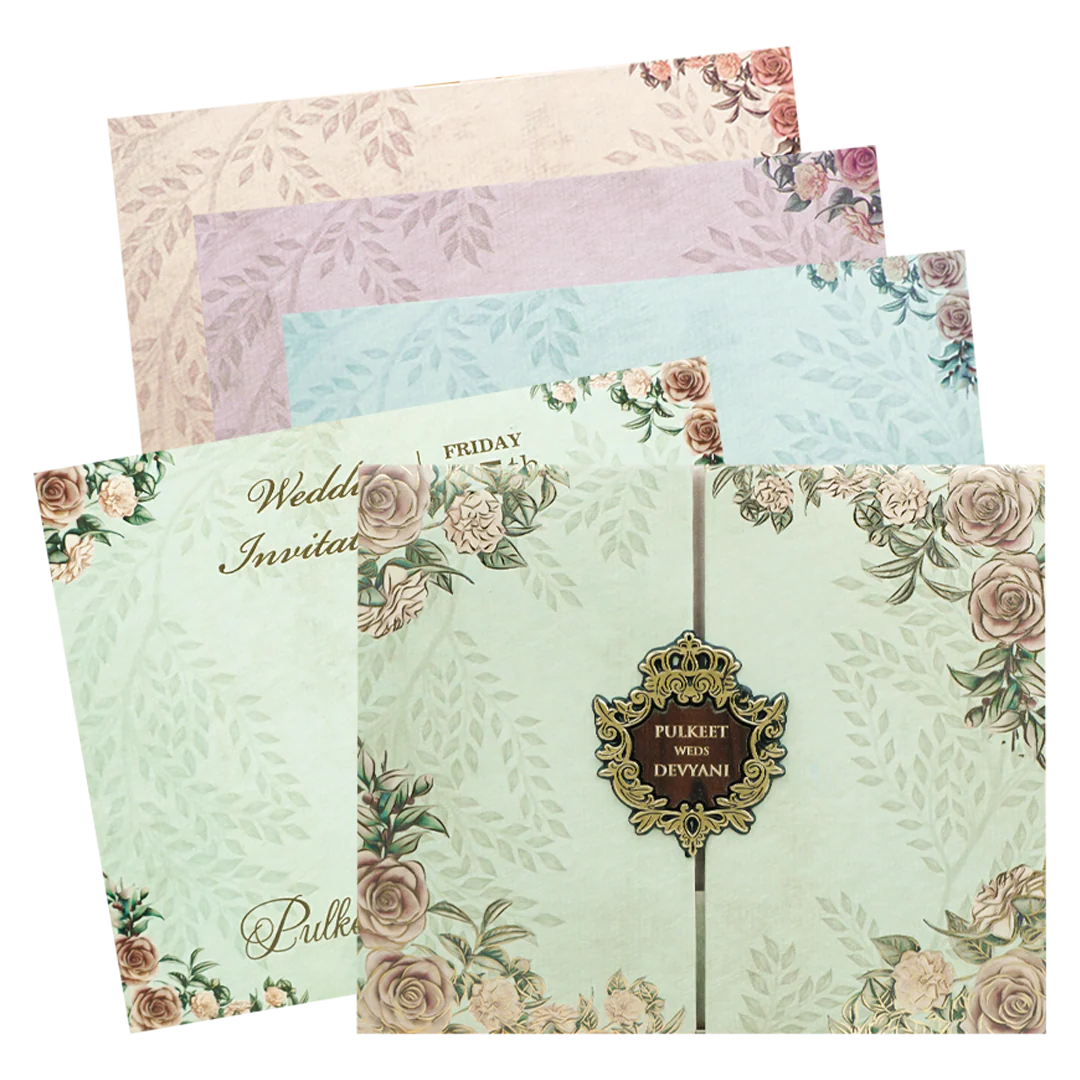 Green Floral Gold Padded Wedding Card-KJTS1770