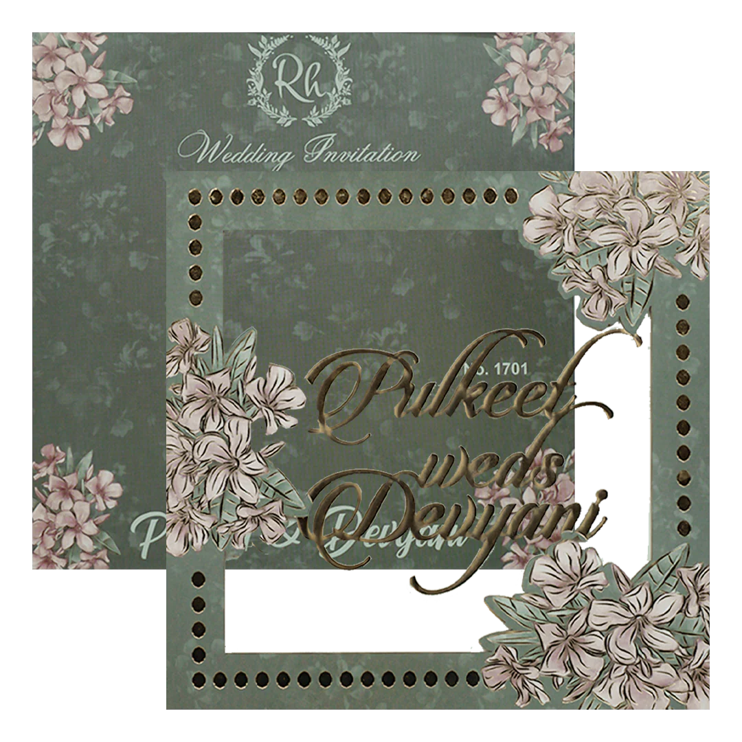 Green Floral Window Laser Cut Padded Wedding Card-KJTS1701 - Image 2