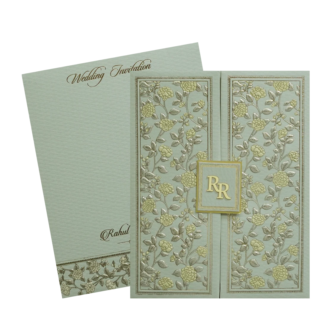Green Gold Floral Double Door Padded Wedding Card-KMMWD1106 - Image 2