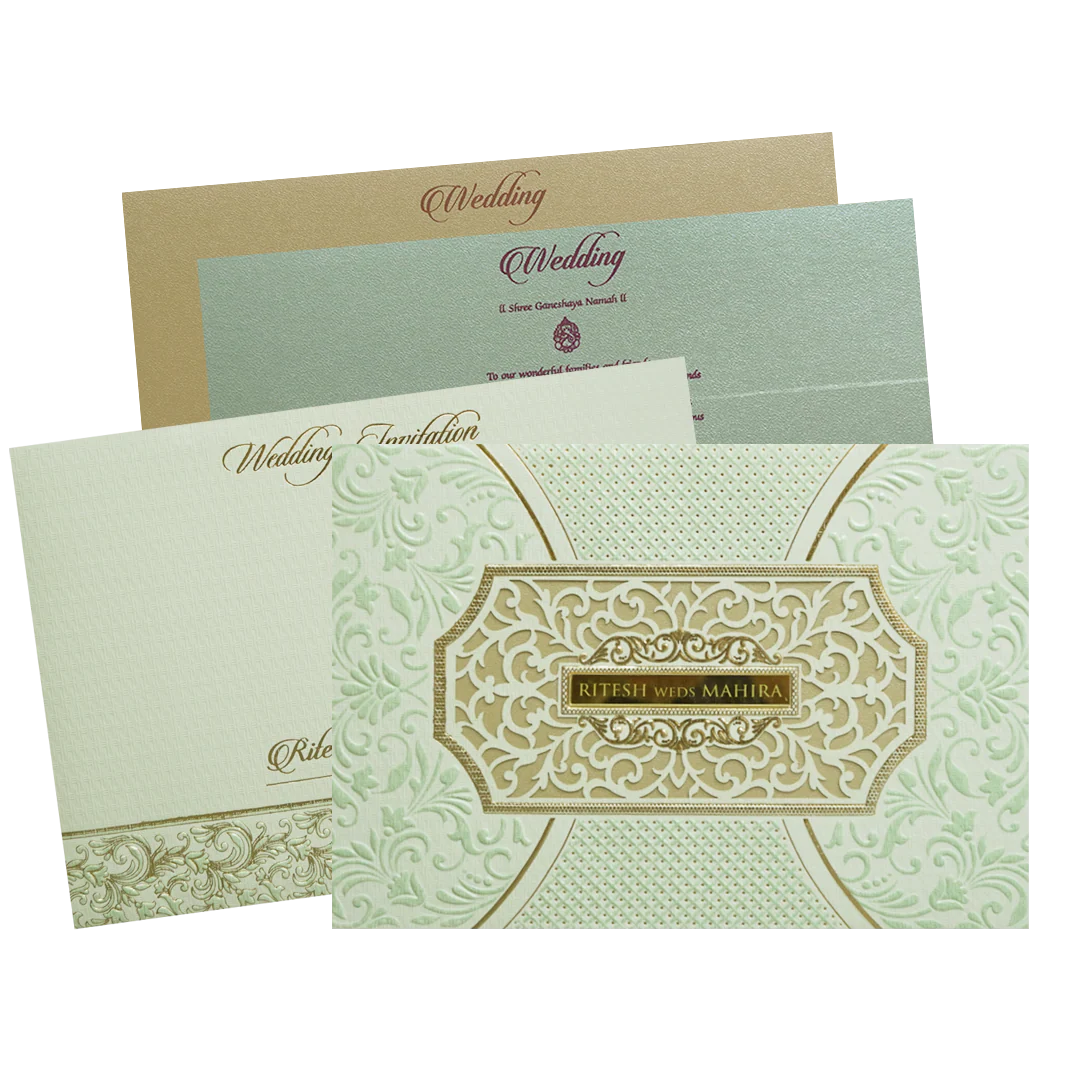 Green Gold Padded Floral Laser Cut Wedding Card - KMMWD1120