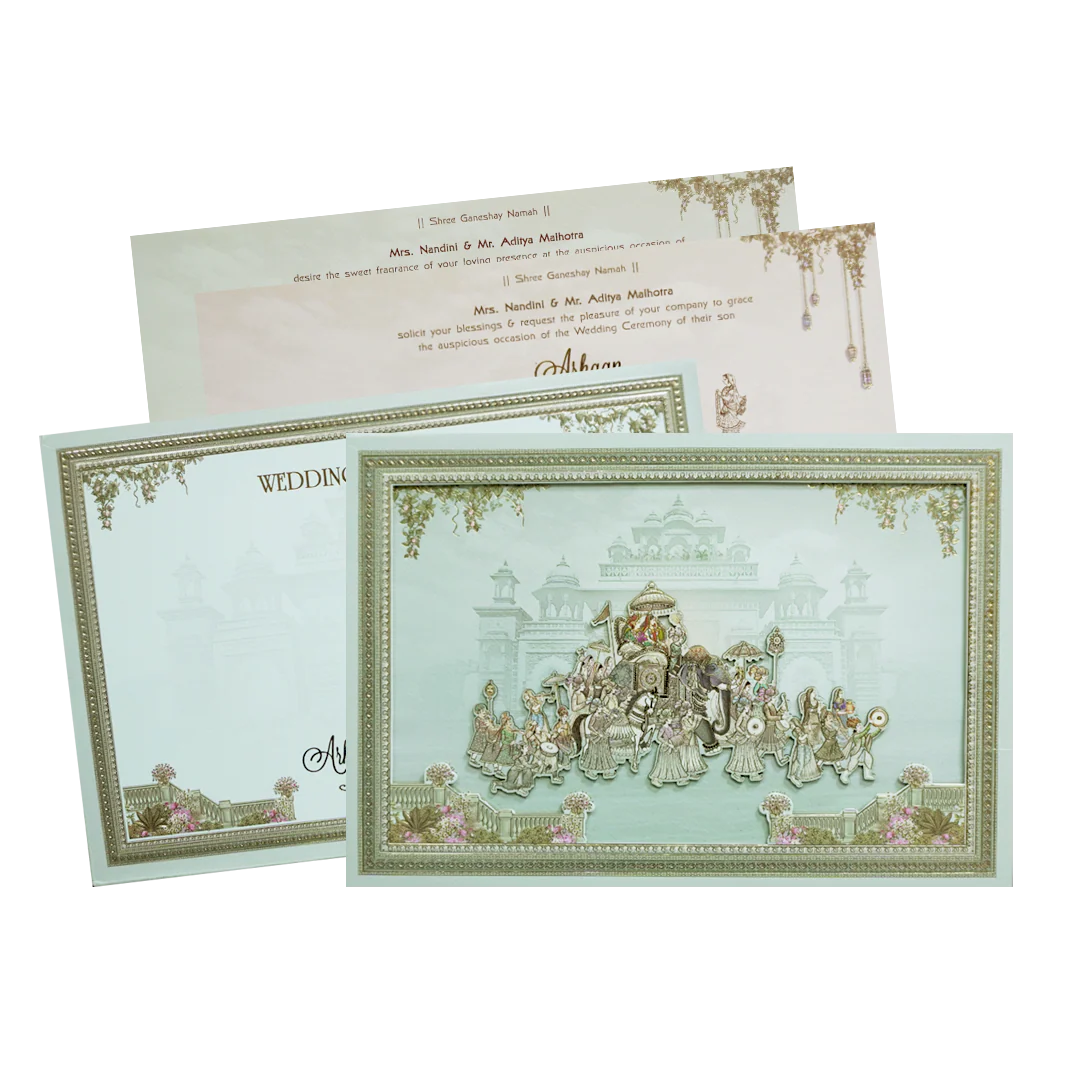 Green Laser Cut Padded Royal Procession Wedding Card - KMMEX8140