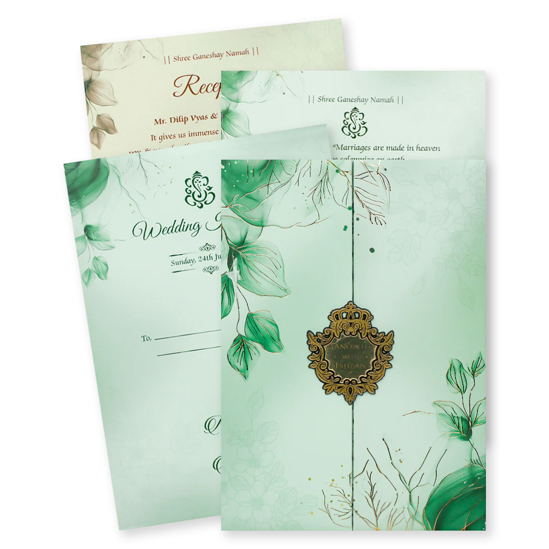 Green Leaf Padded Wedding Card-KJTS3675