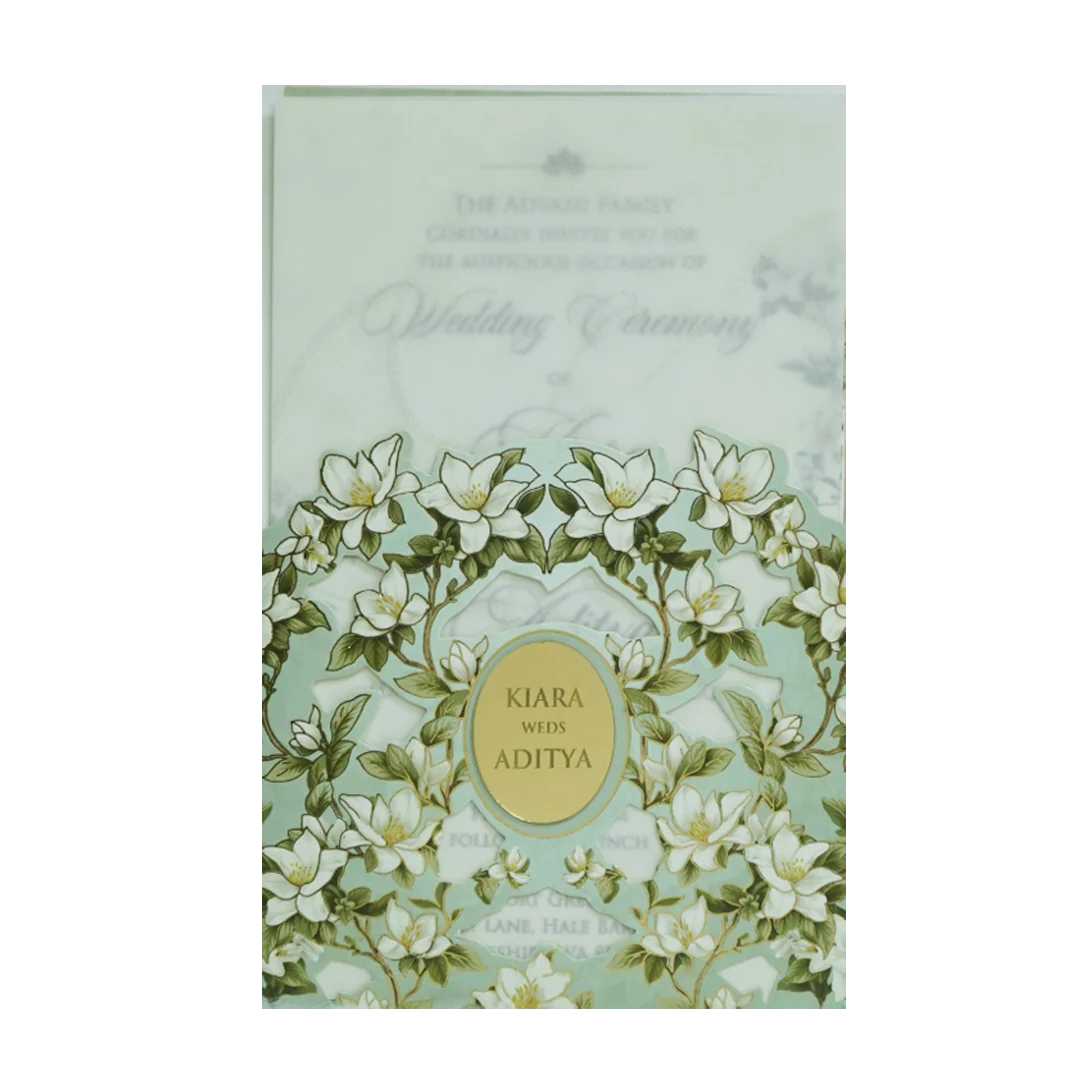Green Magnolia Floral Laser-Cut Wedding Card-KFR15240 - Image 3