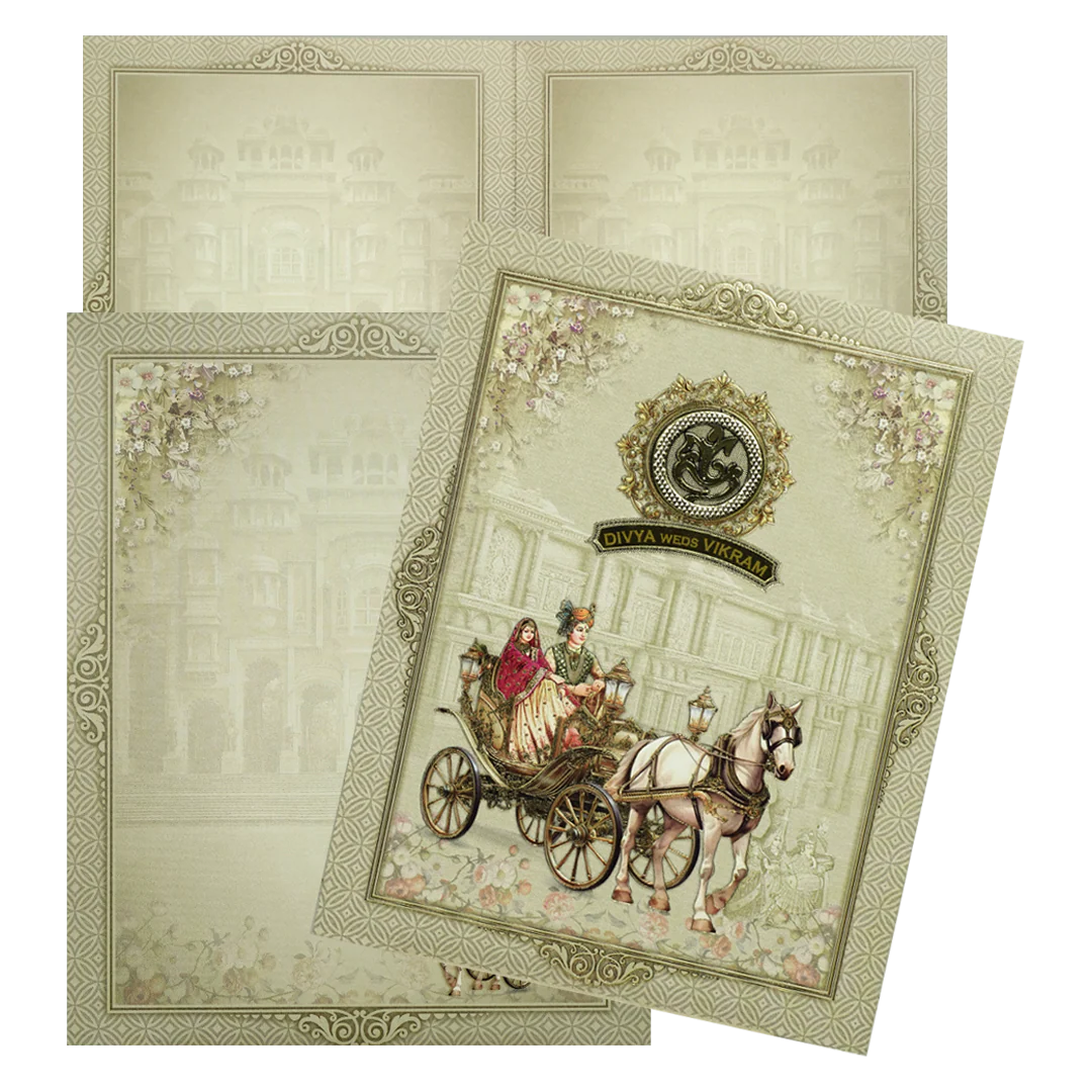 Green Floral Bride Groom Palace Wedding Card-KNKJ1155