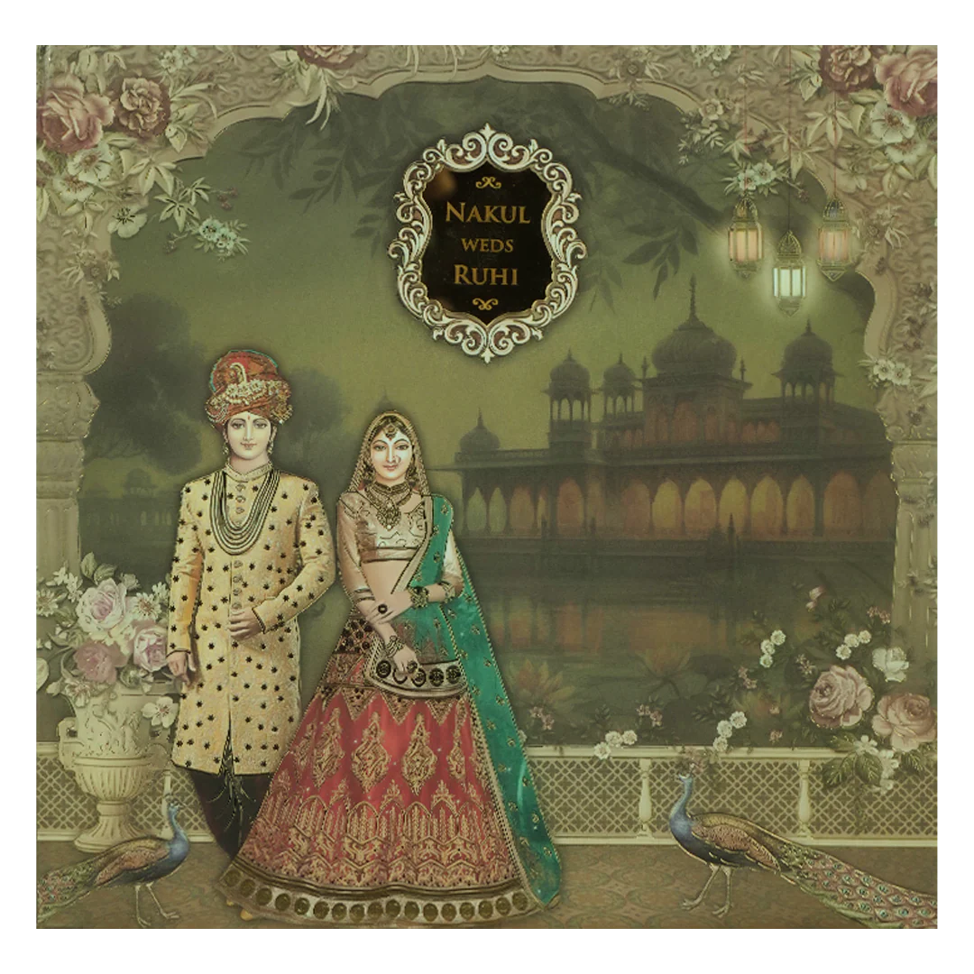 Green Royal Couple Palace Padded Wedding card-KRE27910 - Image 3
