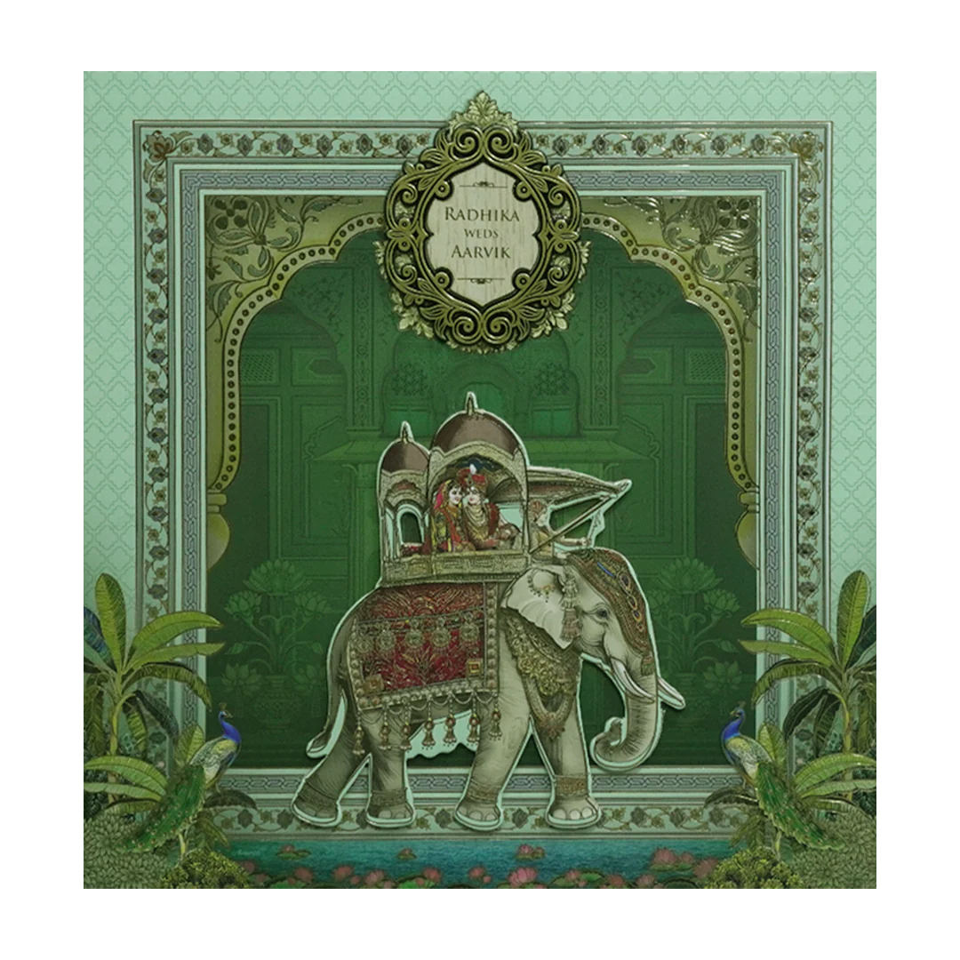 Green Royal Elephant Padded Wedding Card - KSH72650 - Image 3