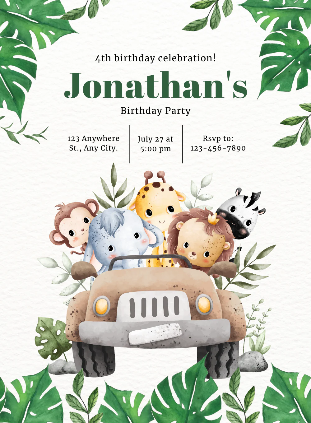 Green Jungle Animals Invitation-AAANI003