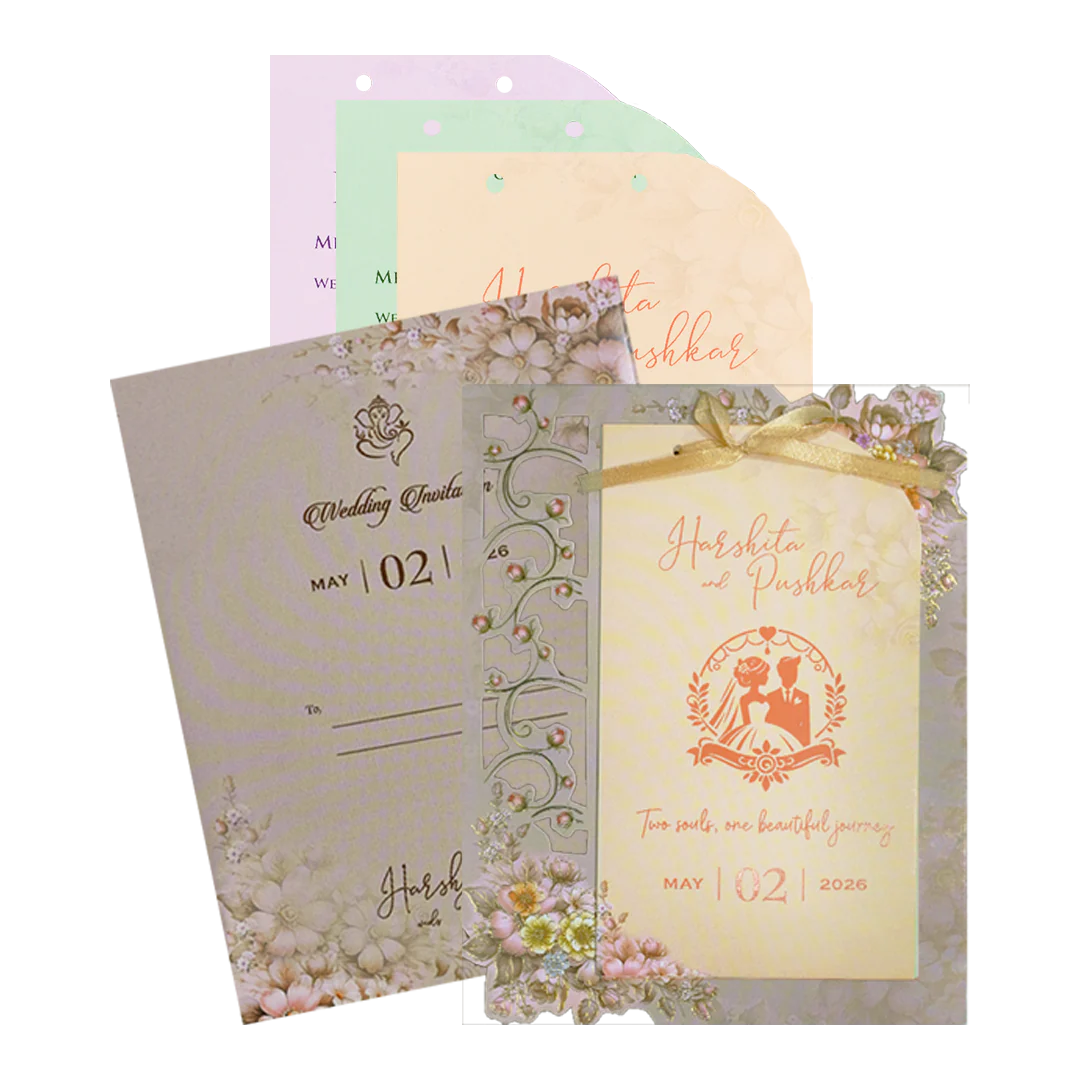 Grey Floral Bow Laser Cut Wedding Card-KSH72890