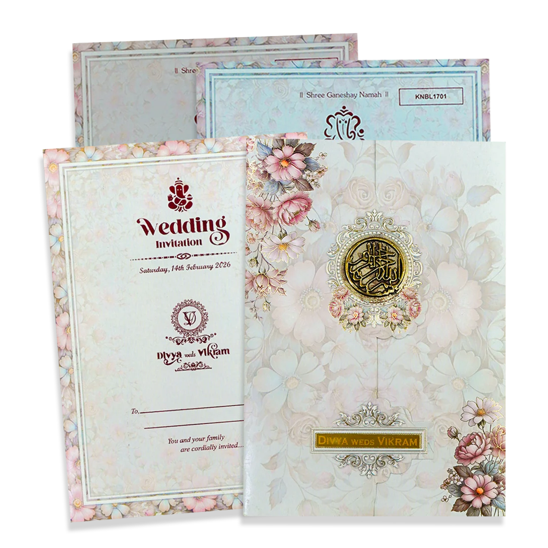 Grey Floral Door-Style Opening Wedding Card-KNBL1701M