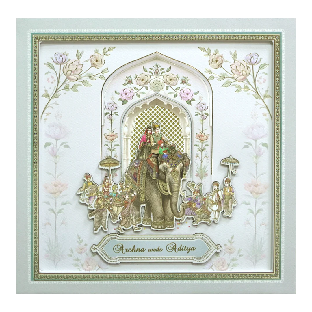 Grey & Gold 3D Padded Elephant Procession Wedding Card-KMMEX8060 - Image 3