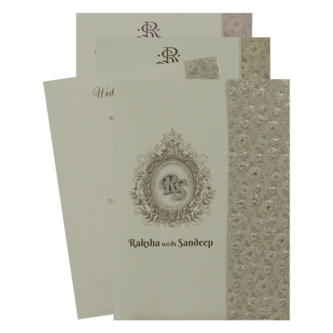 Grey Gold Embossed Floral Wedding Card-KSI64920
