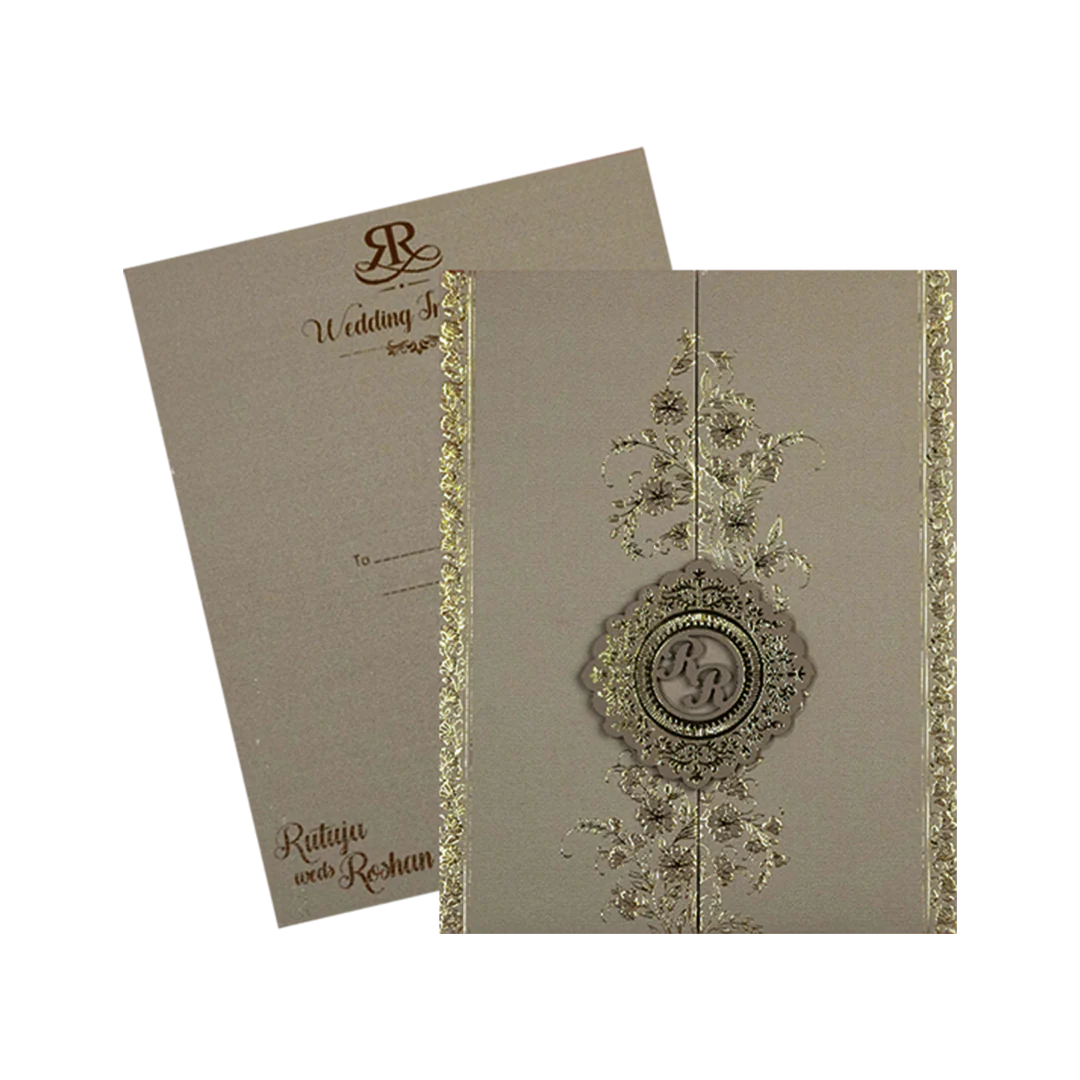 Grey Gold Floral Monogram Padded Wedding Card-KSI64400 - Image 2