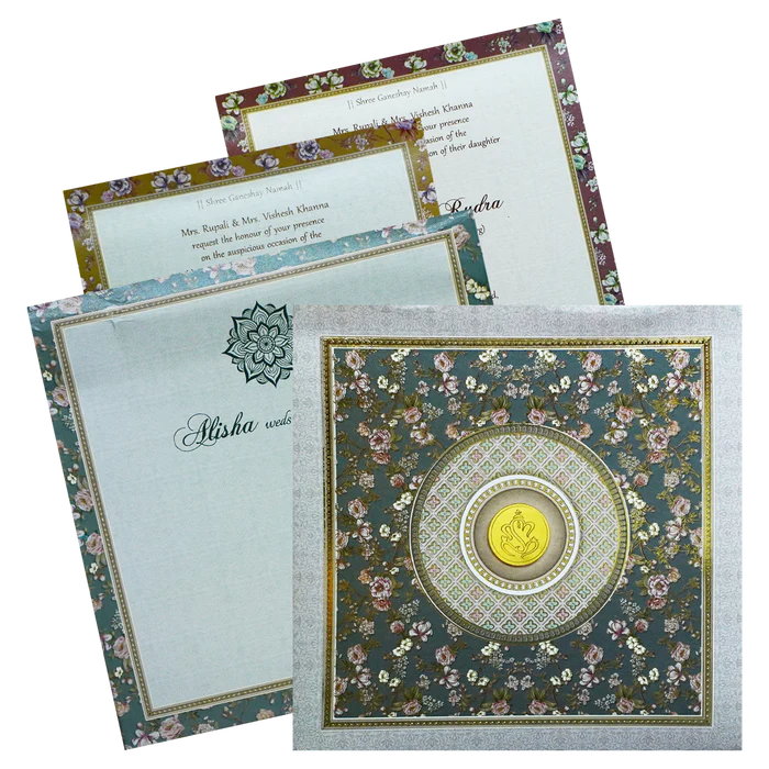 Grey Green Floral Invitation Card-KRC30400